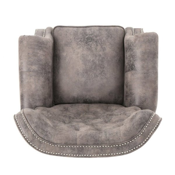 English Elm Modern Microfiber Push Back Recliner with Nailhead Trim Rolled Arms and Rubberwood Legs Brown Grey N763P492694D