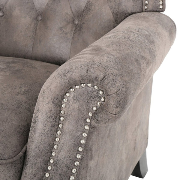 English Elm Modern Microfiber Push Back Recliner with Nailhead Trim Rolled Arms and Rubberwood Legs Brown Grey N763P492694D