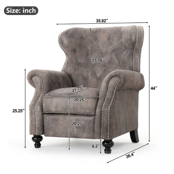 English Elm Modern Microfiber Push Back Recliner with Nailhead Trim Rolled Arms and Rubberwood Legs Brown Grey N763P492694D