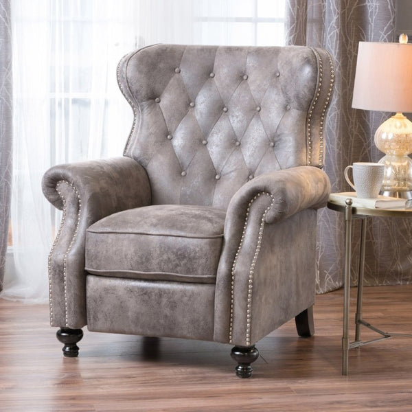 English Elm Modern Microfiber Push Back Recliner with Nailhead Trim Rolled Arms and Rubberwood Legs Brown Grey N763P492694D