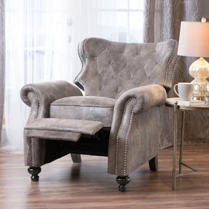 English Elm Modern Microfiber Push Back Recliner with Nailhead Trim Rolled Arms and Rubberwood Legs Brown Grey N763P492694D
