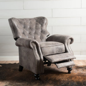 English Elm Modern Microfiber Push Back Recliner with Nailhead Trim Rolled Arms and Rubberwood Legs Brown Grey N763P492694D