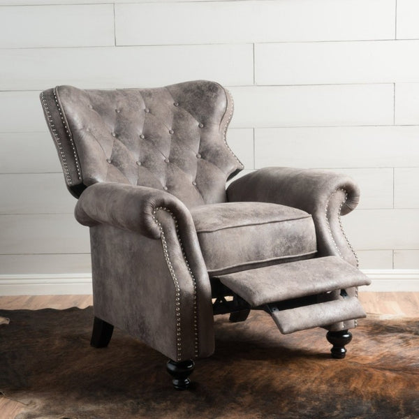 English Elm Modern Microfiber Push Back Recliner with Nailhead Trim Rolled Arms and Rubberwood Legs Brown Grey N763P492694D