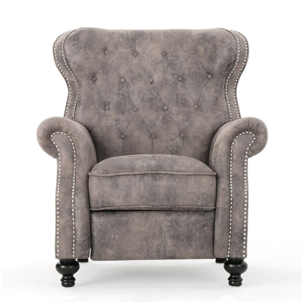 English Elm Modern Microfiber Push Back Recliner with Nailhead Trim Rolled Arms and Rubberwood Legs Brown Grey N763P492694D