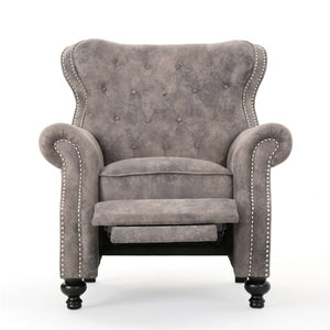 English Elm Modern Microfiber Push Back Recliner with Nailhead Trim Rolled Arms and Rubberwood Legs Brown Grey N763P492694D