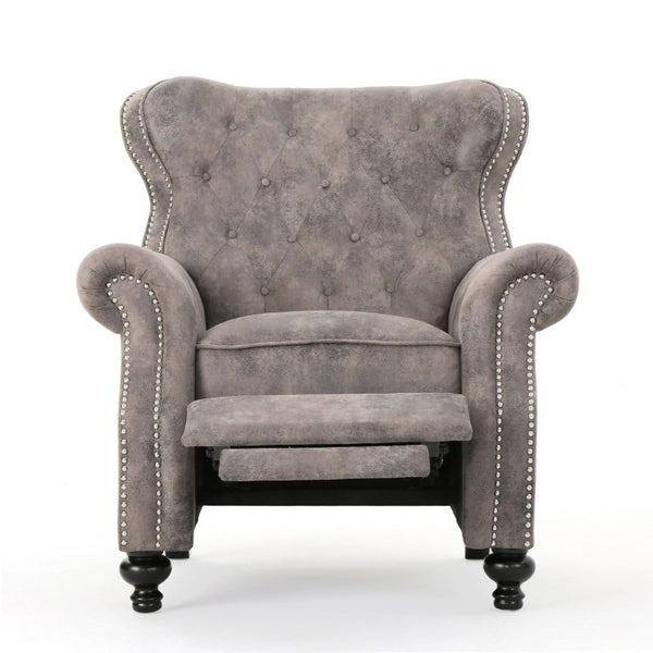 English Elm Modern Microfiber Push Back Recliner with Nailhead Trim Rolled Arms and Rubberwood Legs Brown Grey N763P492694D