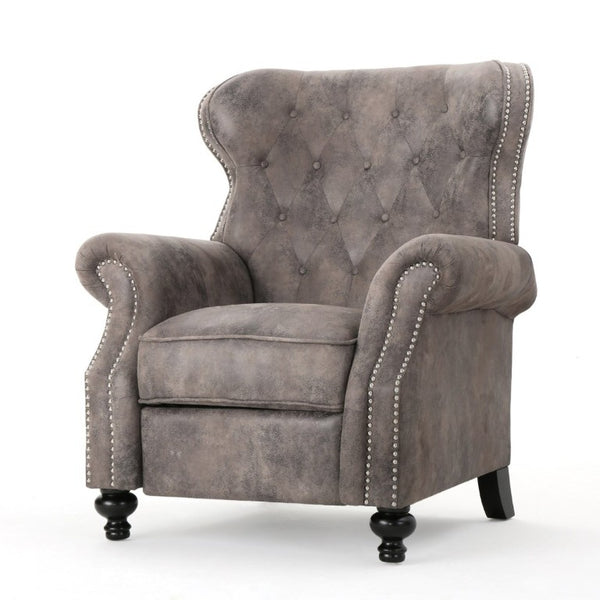 English Elm Modern Microfiber Push Back Recliner with Nailhead Trim Rolled Arms and Rubberwood Legs Brown Grey N763P492694D