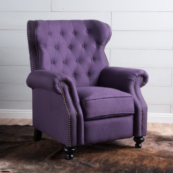 English Elm Modern Microfiber Push Back Recliner with Nailhead Trim Rolled Arms and Rubberwood Legs Plum N763P492694I