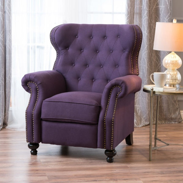 English Elm Modern Microfiber Push Back Recliner with Nailhead Trim Rolled Arms and Rubberwood Legs Plum N763P492694I