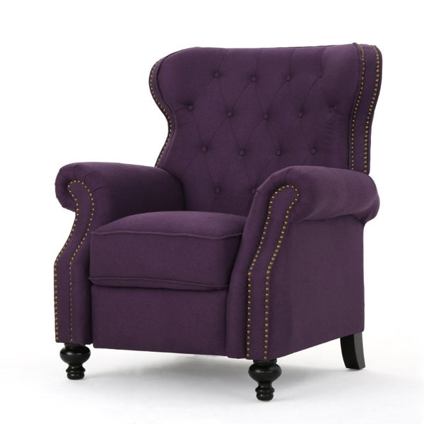 English Elm Modern Microfiber Push Back Recliner with Nailhead Trim Rolled Arms and Rubberwood Legs Plum N763P492694I
