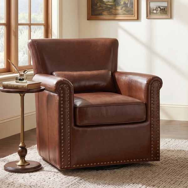 English Elm 360° Swivel Club Chair PU Leather Nailhead Trim Rolled Arms for Living Room Bedroom Brown N763P500960D