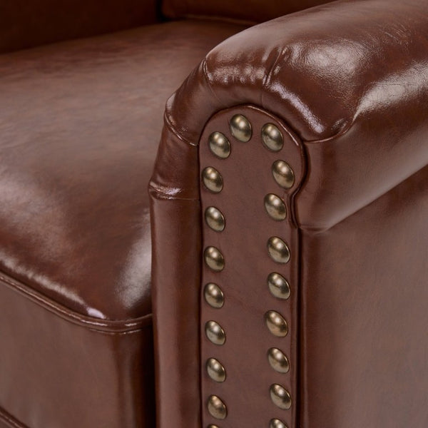English Elm 360° Swivel Club Chair PU Leather Nailhead Trim Rolled Arms for Living Room Bedroom Brown N763P500960D