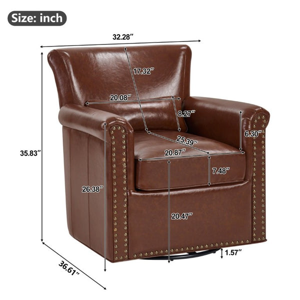 English Elm 360° Swivel Club Chair PU Leather Nailhead Trim Rolled Arms for Living Room Bedroom Brown N763P500960D
