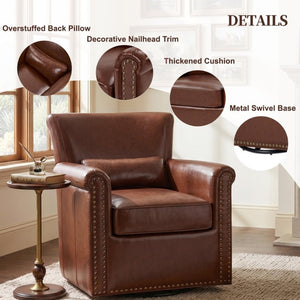 English Elm 360° Swivel Club Chair PU Leather Nailhead Trim Rolled Arms for Living Room Bedroom Brown N763P500960D