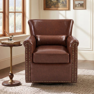 English Elm 360° Swivel Club Chair PU Leather Nailhead Trim Rolled Arms for Living Room Bedroom Brown N763P500960D