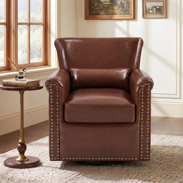 English Elm 360° Swivel Club Chair PU Leather Nailhead Trim Rolled Arms for Living Room Bedroom Brown N763P500960D