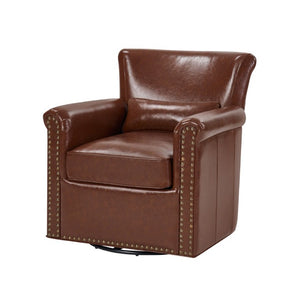 English Elm 360° Swivel Club Chair PU Leather Nailhead Trim Rolled Arms for Living Room Bedroom Brown N763P500960D