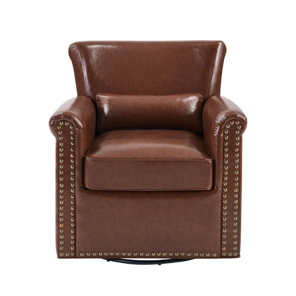 English Elm 360° Swivel Club Chair PU Leather Nailhead Trim Rolled Arms for Living Room Bedroom Brown N763P500960D