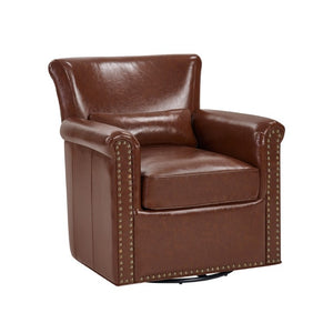 English Elm 360° Swivel Club Chair PU Leather Nailhead Trim Rolled Arms for Living Room Bedroom Brown N763P500960D