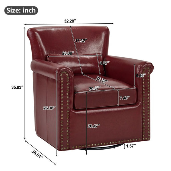 English Elm 360° Swivel Club Chair PU Leather Nailhead Trim Rolled Arms for Living Room Bedroom Red N763P500960J