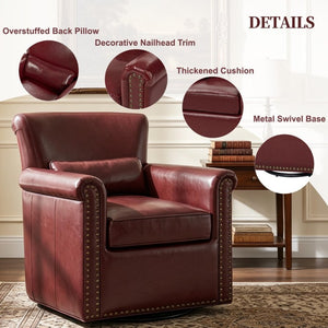 English Elm 360° Swivel Club Chair PU Leather Nailhead Trim Rolled Arms for Living Room Bedroom Red N763P500960J