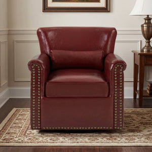 English Elm 360° Swivel Club Chair PU Leather Nailhead Trim Rolled Arms for Living Room Bedroom Red N763P500960J