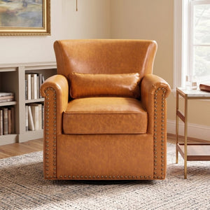 English Elm 360° Swivel Club Chair PU Leather Nailhead Trim Rolled Arms for Living Room Bedroom Yellow N763P500960L