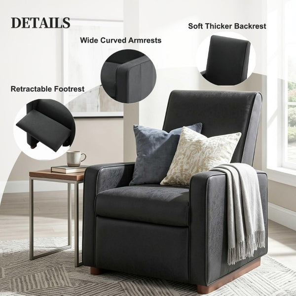 English Elm Modern Push Back PU Leather Recliner with Walnut Legs for Living Room Theater Black N763P511364B