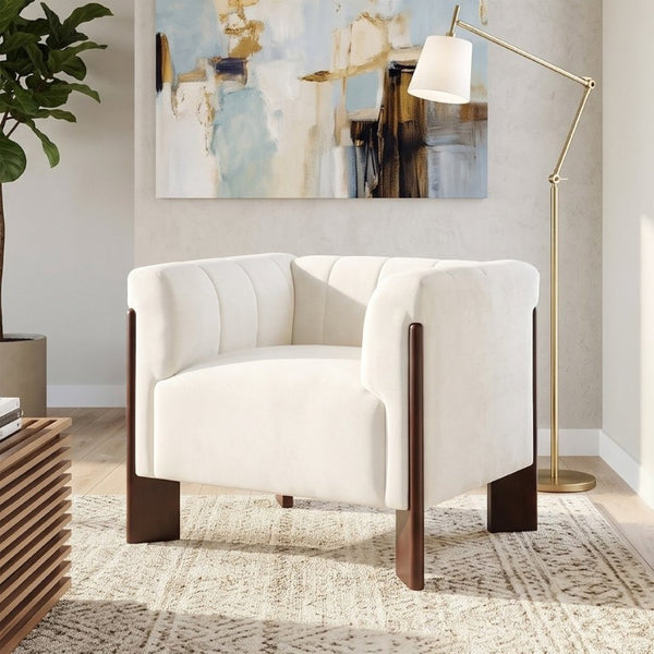English Elm Modern Chenille Accent Chair Vertical Channel Tufted with Walnut Rubberwood Legs N763P511370A