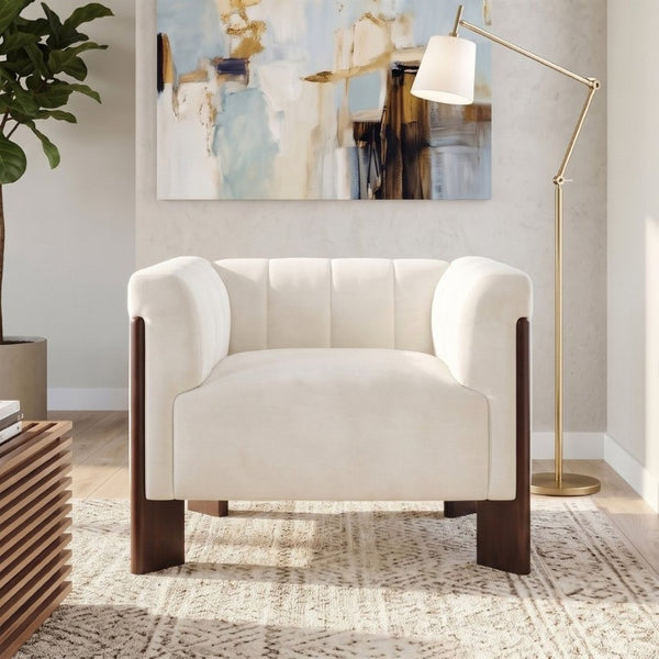 English Elm Modern Chenille Accent Chair Vertical Channel Tufted with Walnut Rubberwood Legs N763P511370A