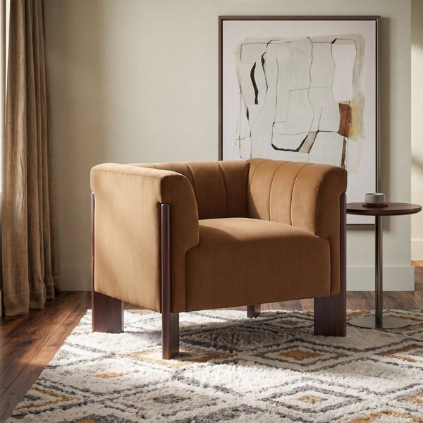 English Elm Modern Velvet Accent Chair Channel Tufted Back Padded Arms Walnut Legs Lounge Seat N763P511370L