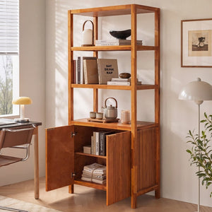 English Elm 75.55 Tall Freestanding Bookcase with Fluted Doors Open Shelves Rubberwood Frame Walnut N763P517828D