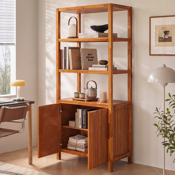 English Elm 75.55 Tall Freestanding Bookcase with Fluted Doors Open Shelves Rubberwood Frame Walnut N763P517828D