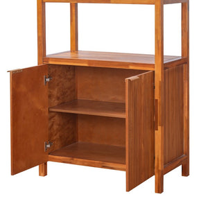 English Elm 75.55 Tall Freestanding Bookcase with Fluted Doors Open Shelves Rubberwood Frame Walnut N763P517828D