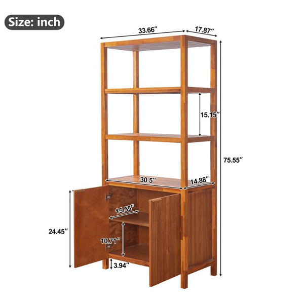English Elm 75.55 Tall Freestanding Bookcase with Fluted Doors Open Shelves Rubberwood Frame Walnut N763P517828D