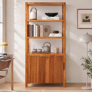 English Elm 75.55 Tall Freestanding Bookcase with Fluted Doors Open Shelves Rubberwood Frame Walnut N763P517828D