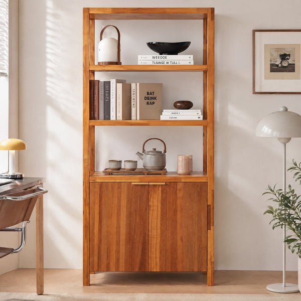 English Elm 75.55 Tall Freestanding Bookcase with Fluted Doors Open Shelves Rubberwood Frame Walnut N763P517828D
