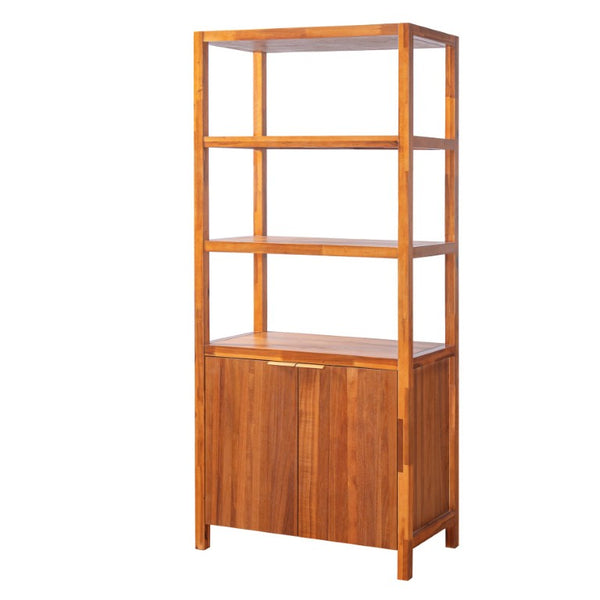 English Elm 75.55 Tall Freestanding Bookcase with Fluted Doors Open Shelves Rubberwood Frame Walnut N763P517828D