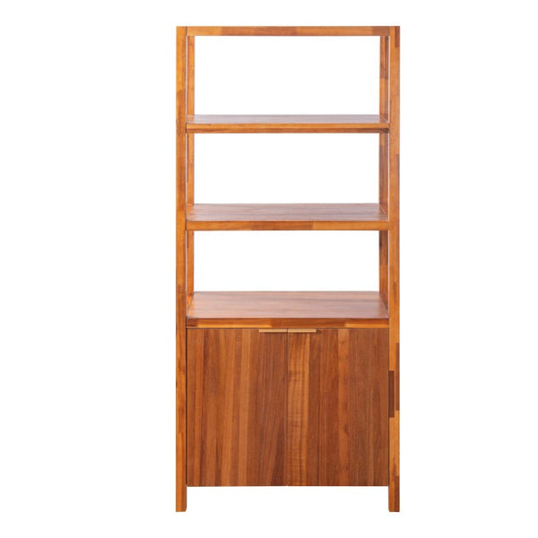 English Elm 75.55 Tall Freestanding Bookcase with Fluted Doors Open Shelves Rubberwood Frame Walnut N763P517828D