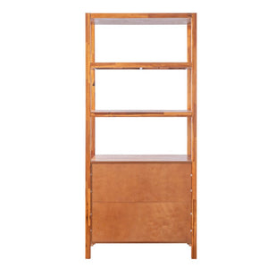 English Elm 75.55 Tall Freestanding Bookcase with Fluted Doors Open Shelves Rubberwood Frame Walnut N763P517828D