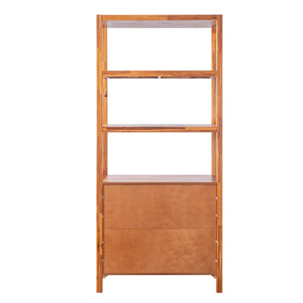 English Elm 75.55 Tall Freestanding Bookcase with Fluted Doors Open Shelves Rubberwood Frame Walnut N763P517828D