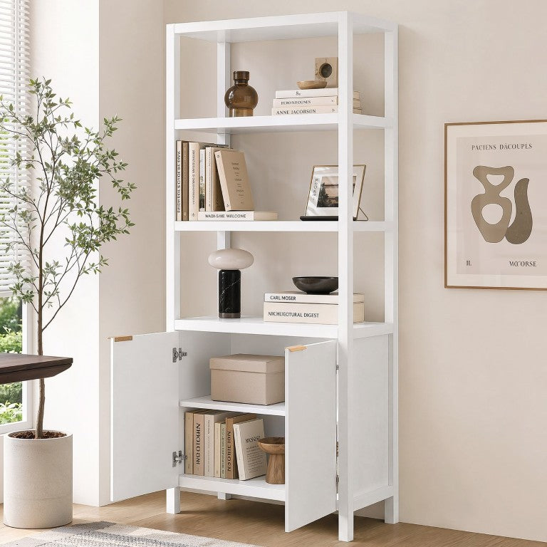 English Elm 75.55 Tall Freestanding Bookcase with Fluted Doors Open Shelves Rubberwood Frame White N763P517828K