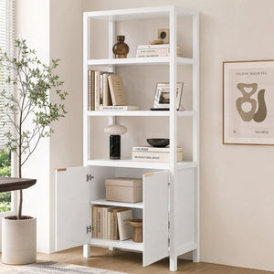 English Elm 75.55 Tall Freestanding Bookcase with Fluted Doors Open Shelves Rubberwood Frame White N763P517828K