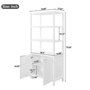 English Elm 75.55 Tall Freestanding Bookcase with Fluted Doors Open Shelves Rubberwood Frame White N763P517828K