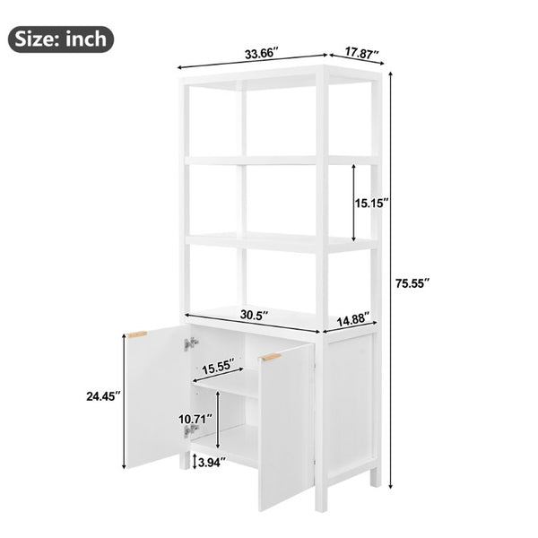 English Elm 75.55 Tall Freestanding Bookcase with Fluted Doors Open Shelves Rubberwood Frame White N763P517828K