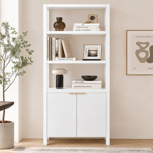 English Elm 75.55 Tall Freestanding Bookcase with Fluted Doors Open Shelves Rubberwood Frame White N763P517828K