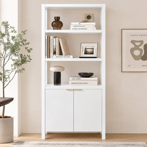 English Elm 75.55 Tall Freestanding Bookcase with Fluted Doors Open Shelves Rubberwood Frame White N763P517828K