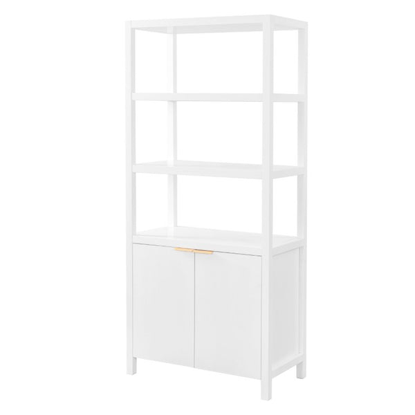 English Elm 75.55 Tall Freestanding Bookcase with Fluted Doors Open Shelves Rubberwood Frame White N763P517828K
