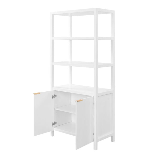English Elm 75.55 Tall Freestanding Bookcase with Fluted Doors Open Shelves Rubberwood Frame White N763P517828K