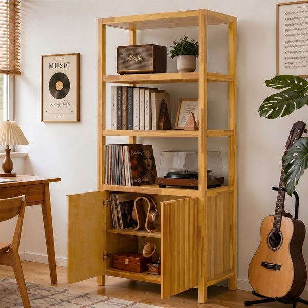 English Elm 75.55 Tall Freestanding Bookcase with Fluted Doors Open Shelves Rubberwood Frame Natural N763P517828N